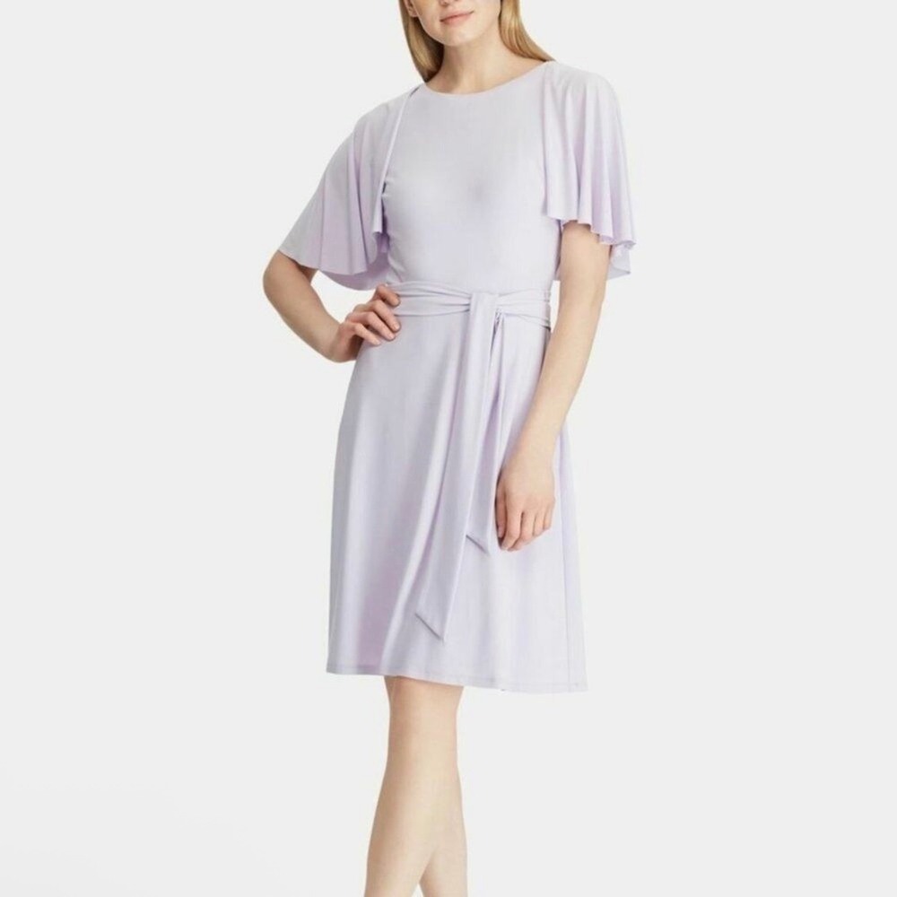 Lauren Ralph Lauren Flutter Sleeve Dress 12 Regular Purple Pastel Belted NEW
